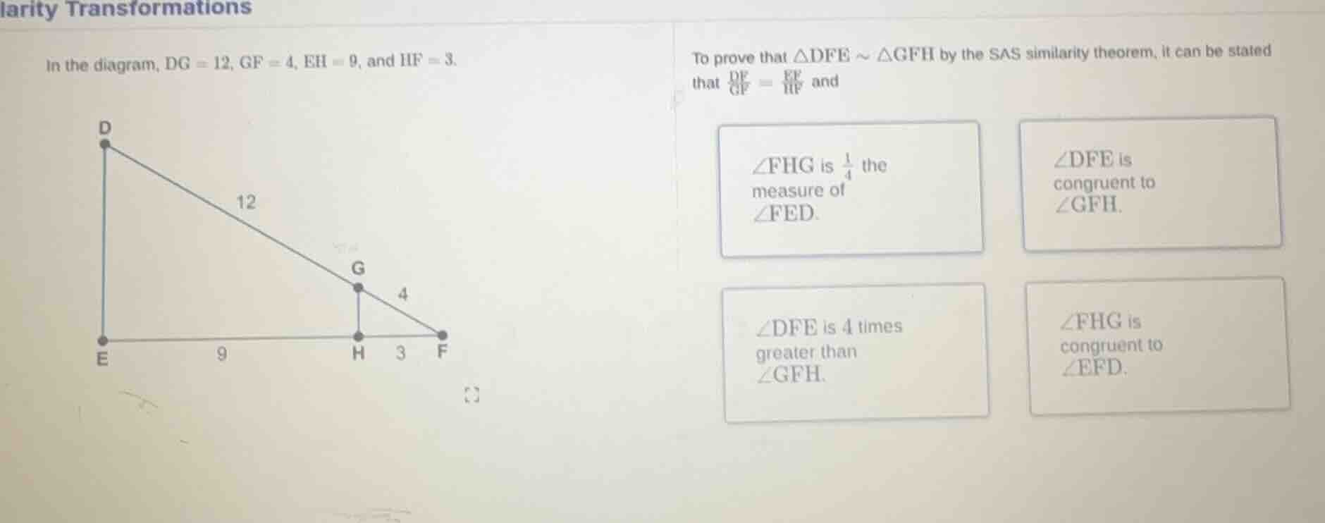 in the diagram, dg = 12, gf = 4, eh = 9, and hf = 3. to prove that $\\t…