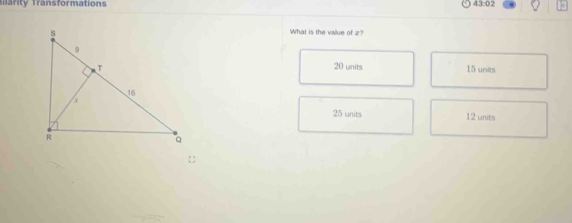 what is the value of x? 20 units 15 units 25 units 12 units