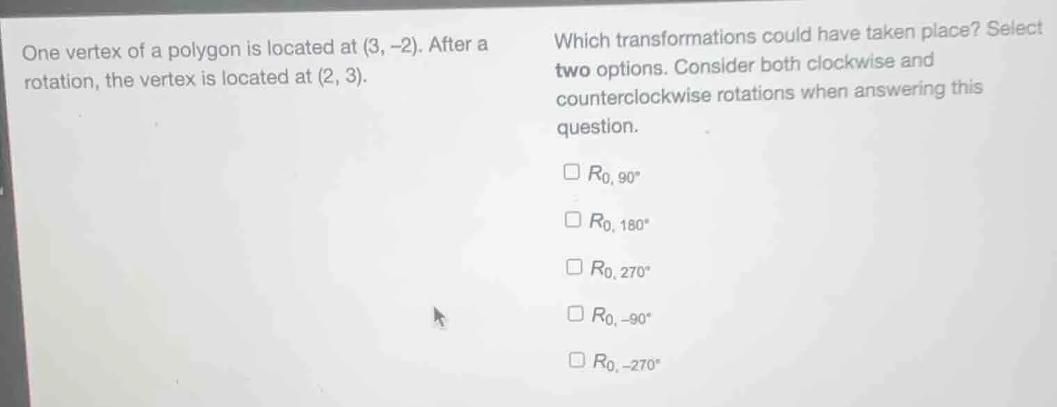 one vertex of a polygon is located at (3, -2). after a rotation, the ve…