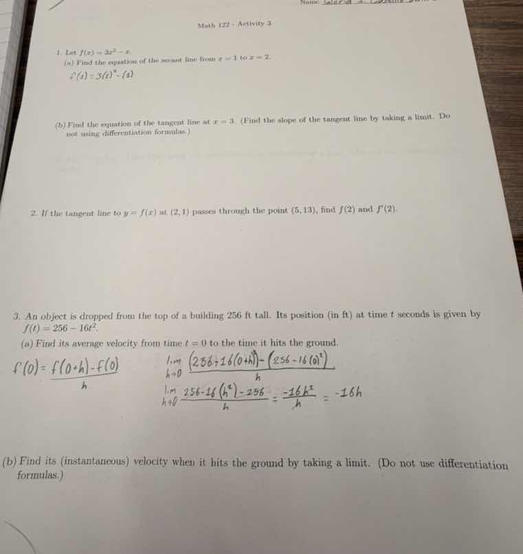 math 122 - activity 3 1. let ( f(x) = 3x^2 - x ). (a) find the equation…