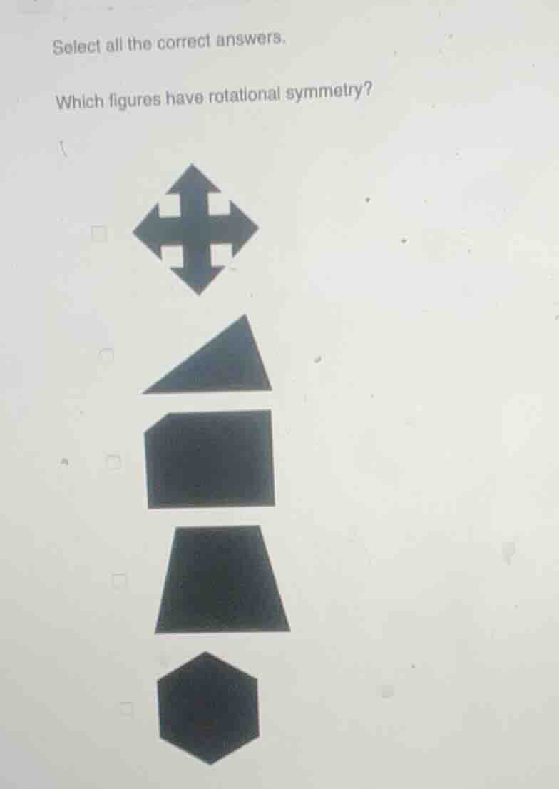 select all the correct answers. which figures have rotational symmetry?