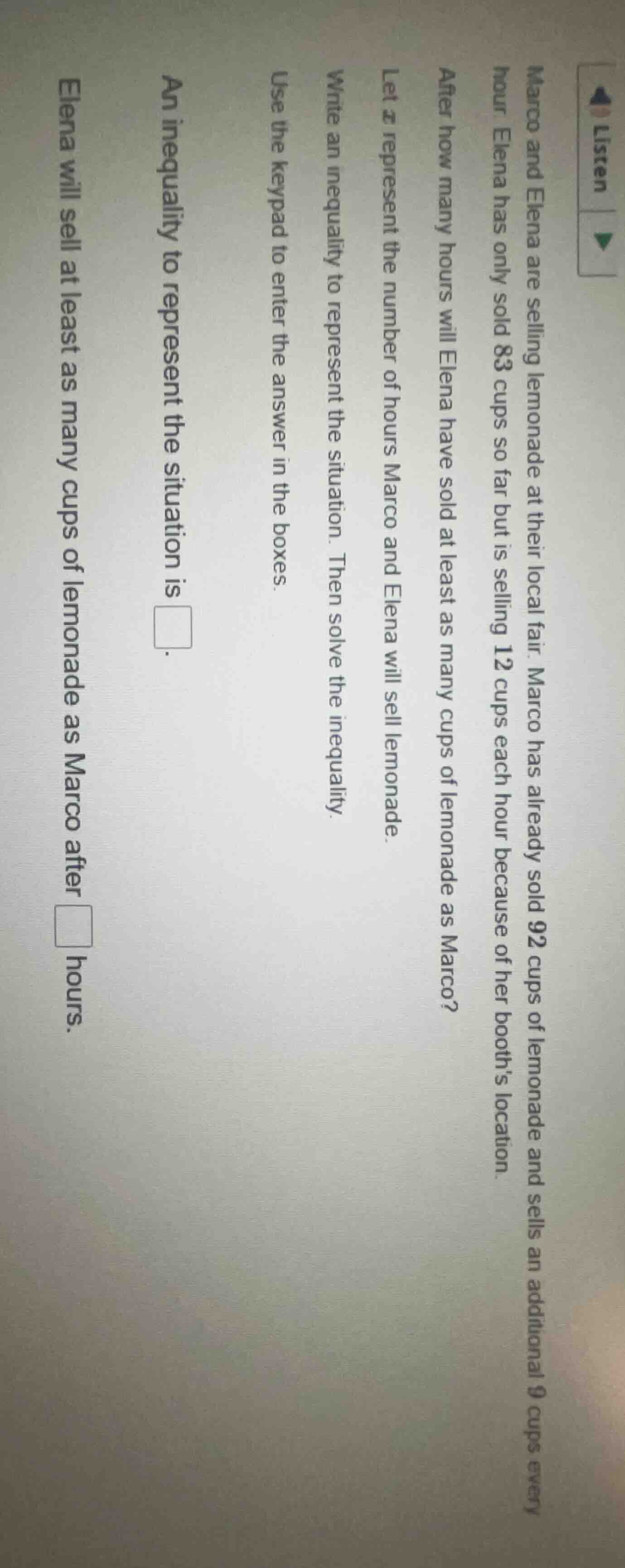 marco and elena are selling lemonade at their local fair. marco has alr…