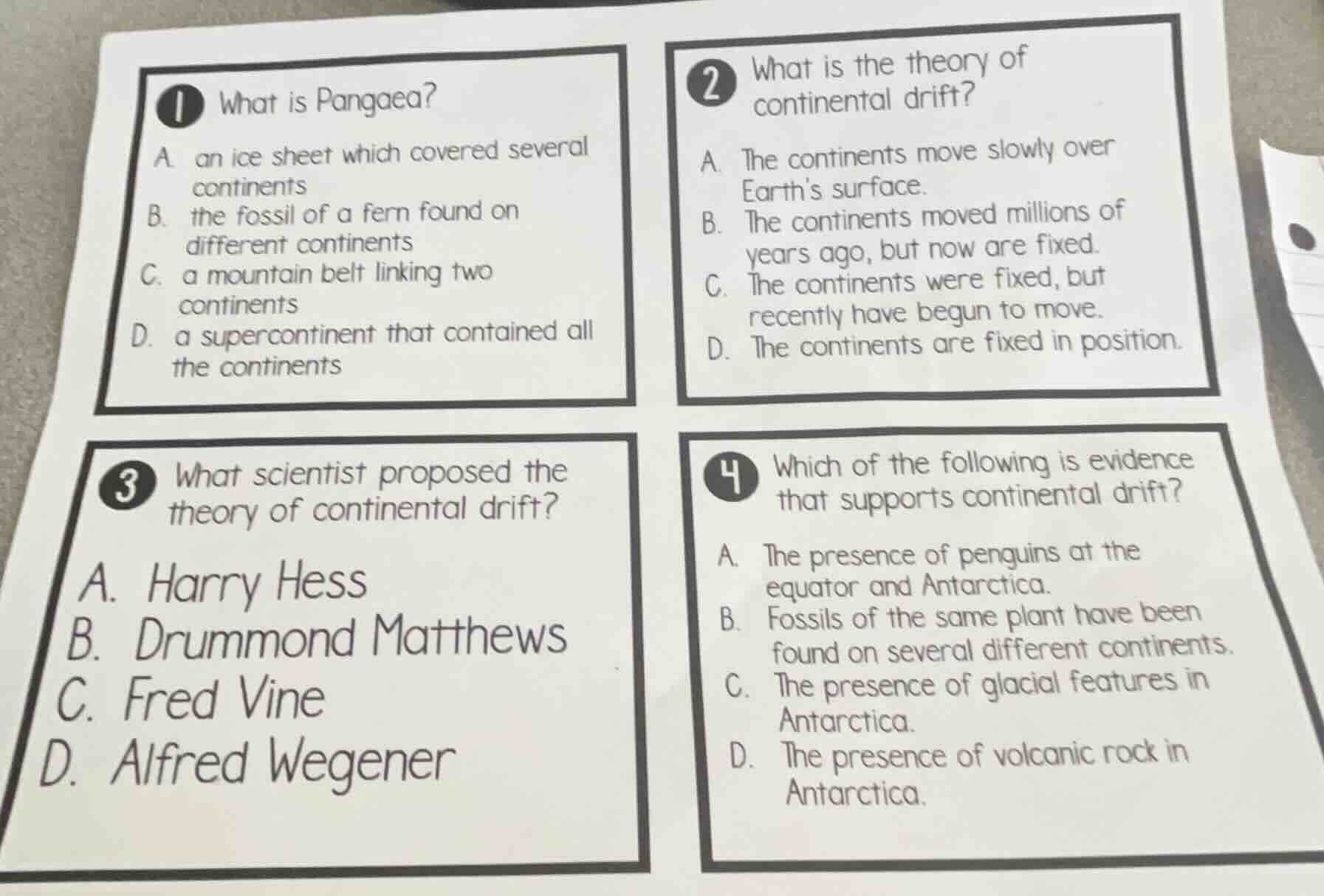 1 what is pangaea? a. an ice sheet which covered several continents b. …