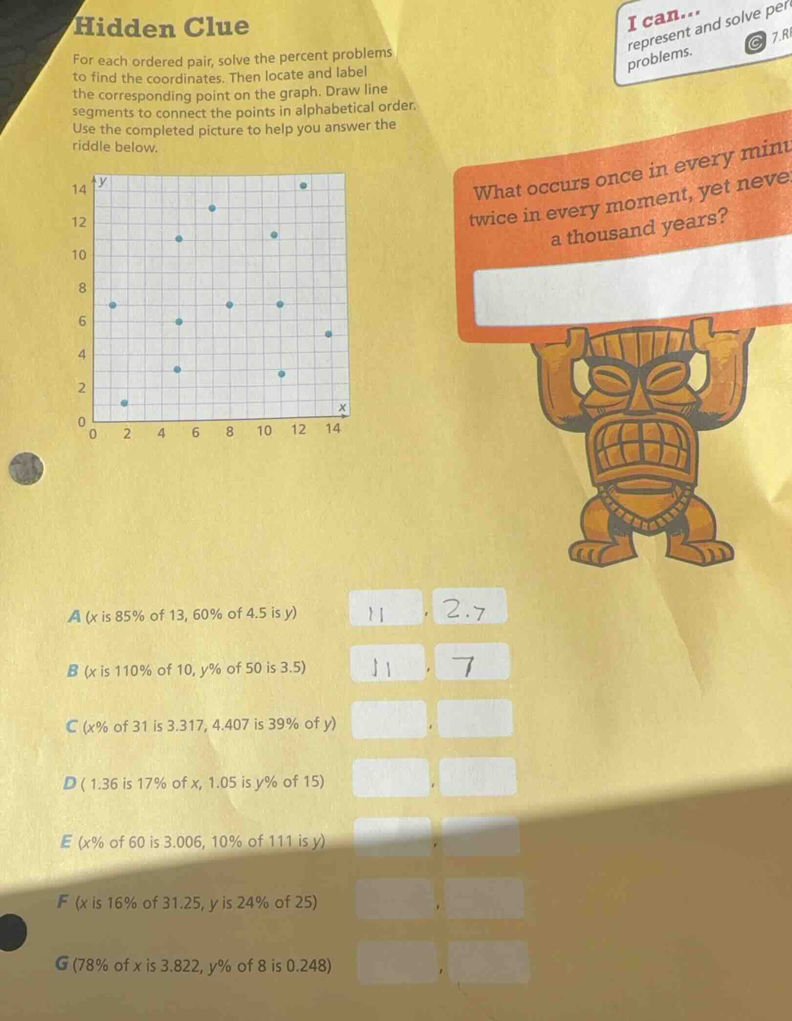 hidden clue for each ordered pair, solve the percent problems to find t…