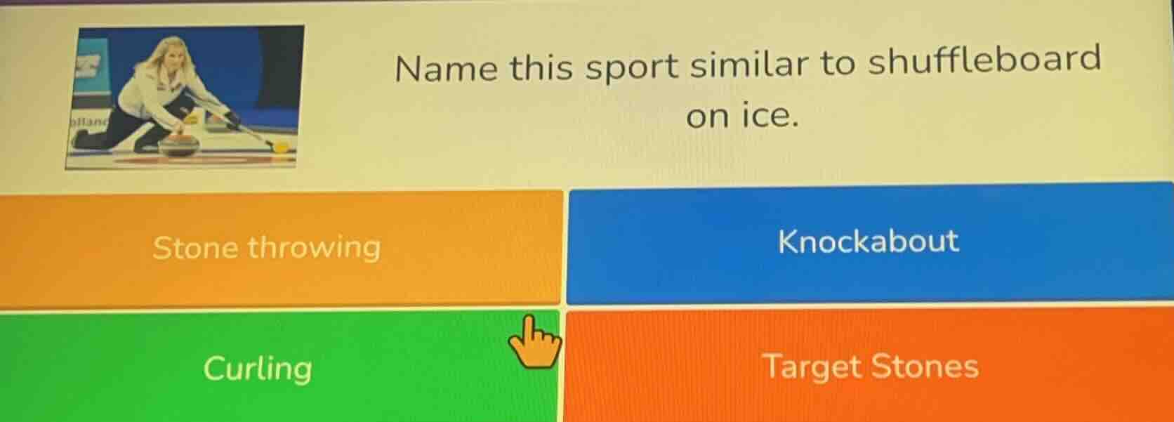 name this sport similar to shuffleboard on ice. stone throwing knockabo…