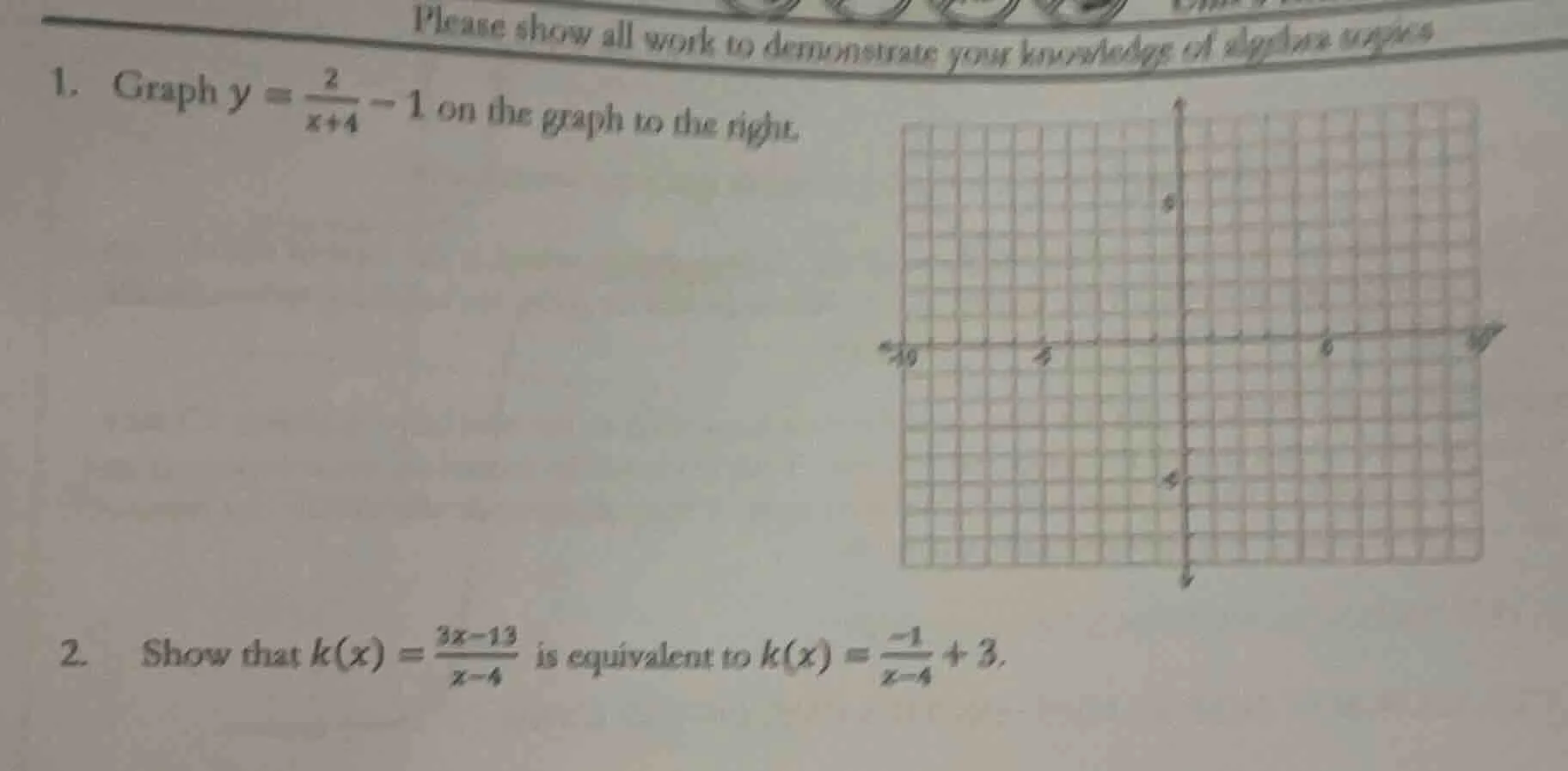 please show all work to demonstrate your knowledge of algebra topics 1.…