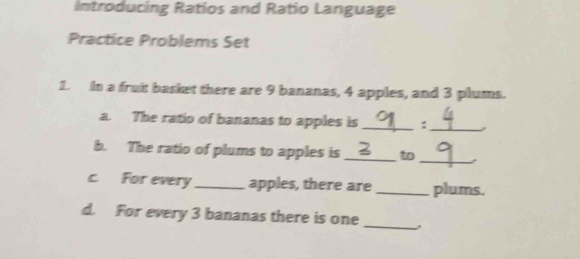 introducing ratios and ratio language practice problems set 1. in a fru…