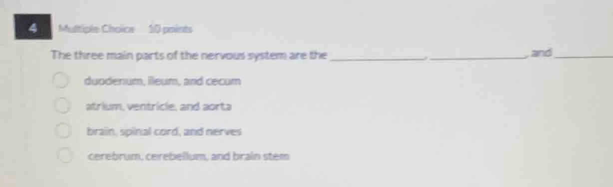 4 multiple choice 10 points the three main parts of the nervous system …