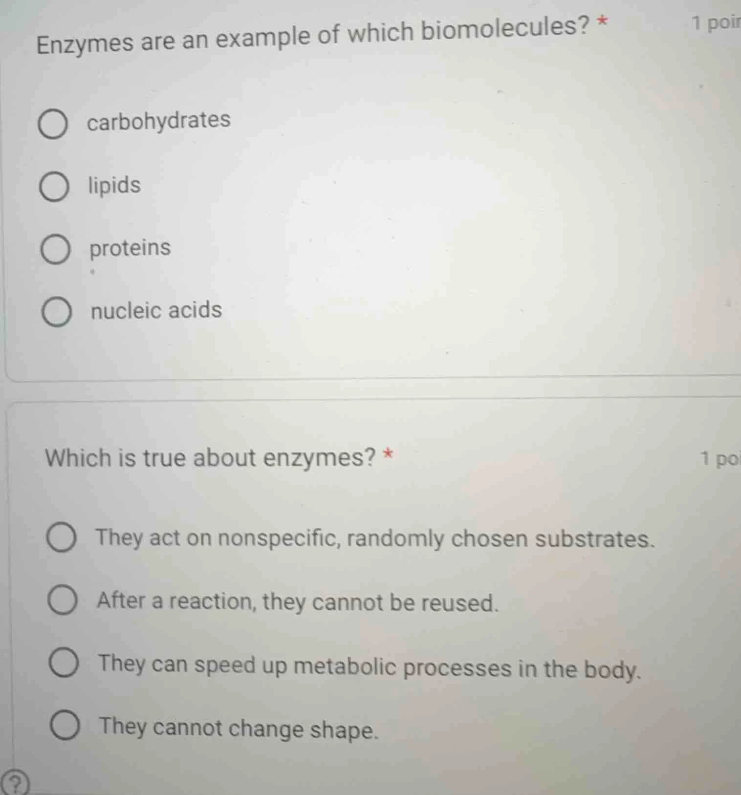 enzymes are an example of which biomolecules? * ○ carbohydrates ○ lipid…