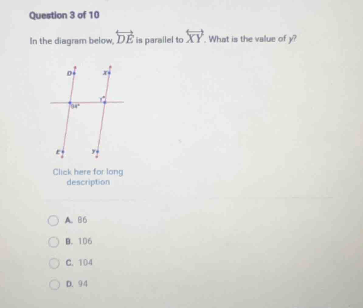 question 3 of 10 in the diagram below, \\overleftrightarrow{de} is para…