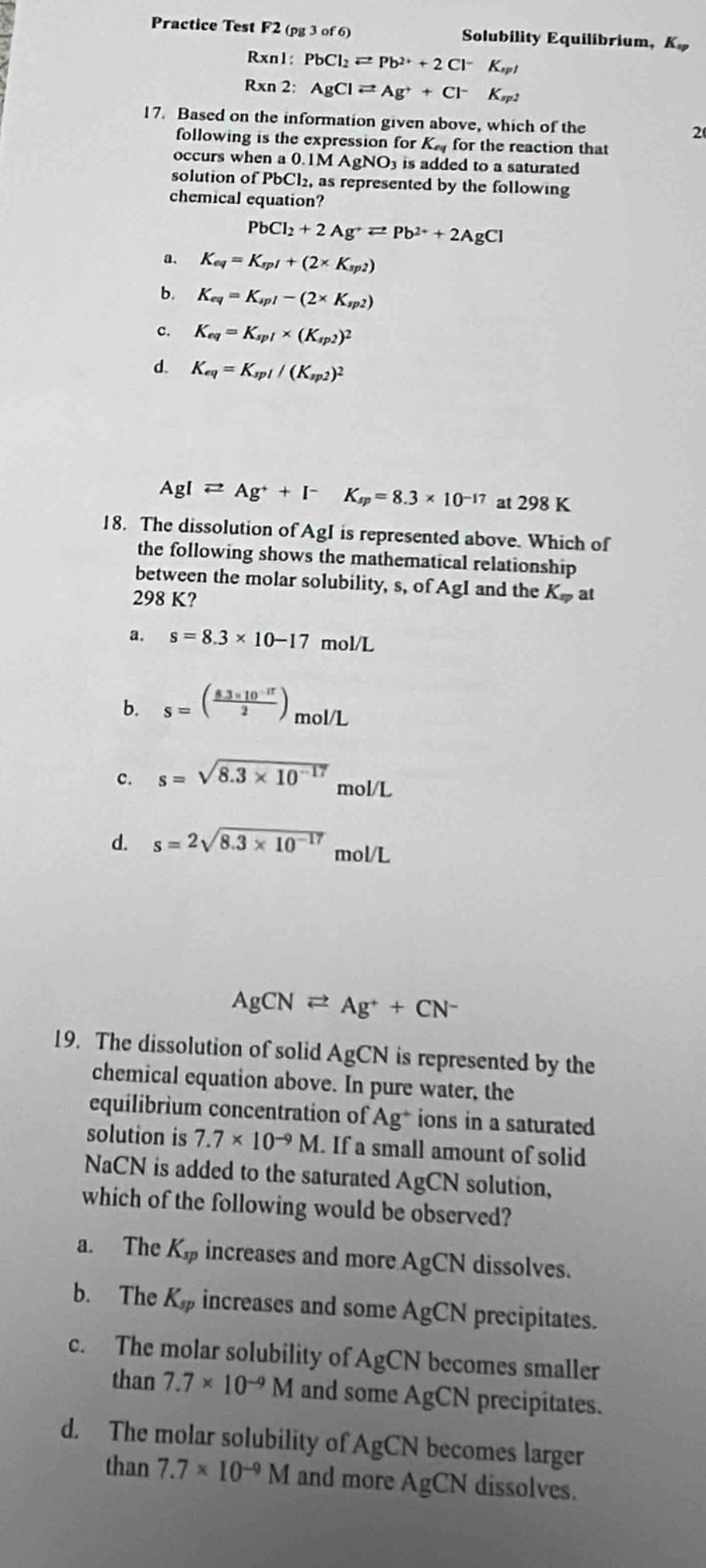 practice test f2 (pg 3 of 6) solubility equilibrium, $k_{sp}$ rxn1: $pb…