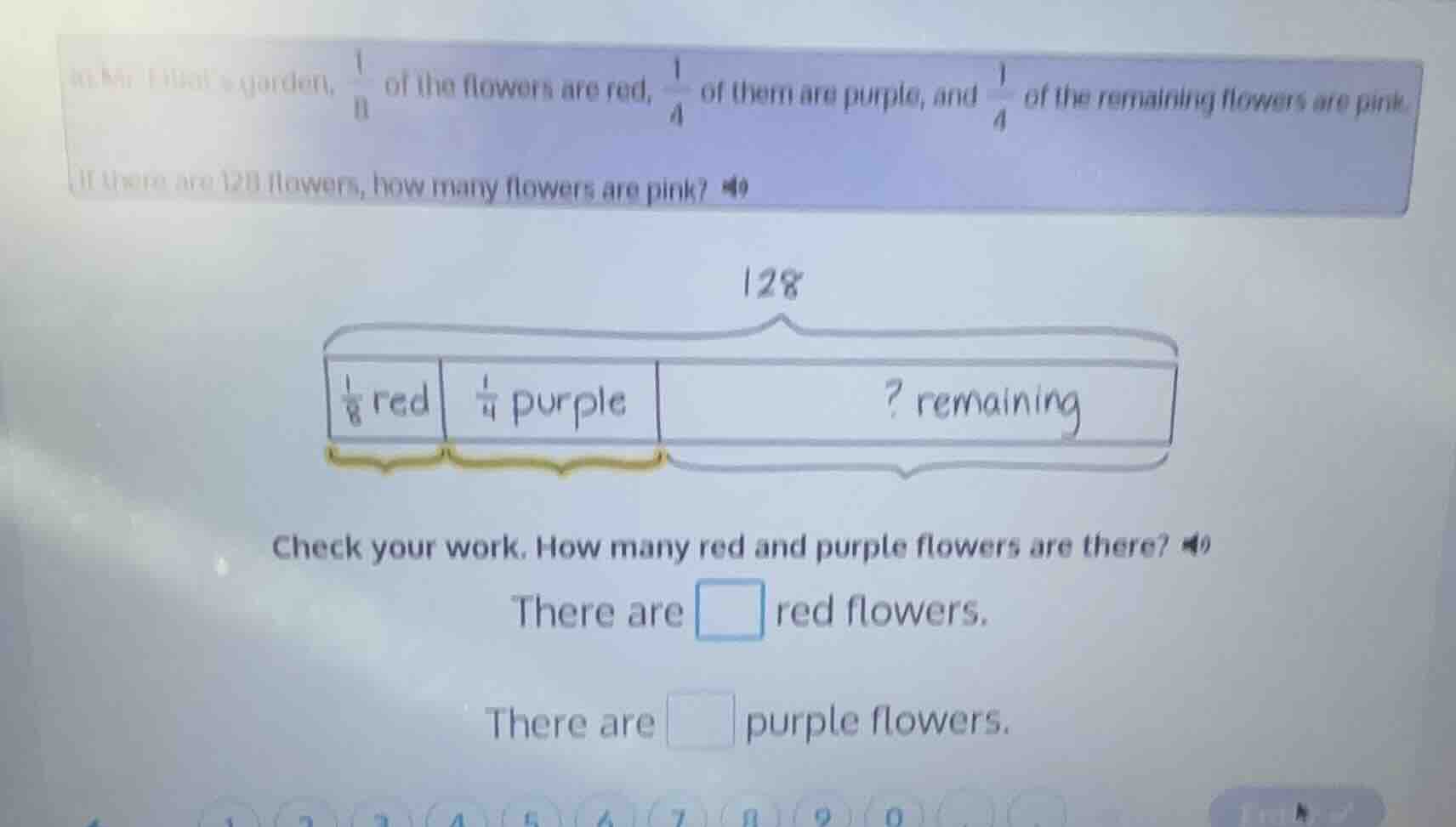 in mr. fidels garden, \\(\\frac{1}{8}\\) of the flowers are red, \\(\\f…