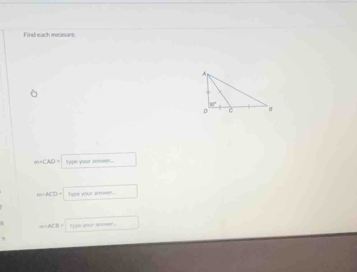 find each measure. m∠cad = type your answer... m∠acd = type your answer…