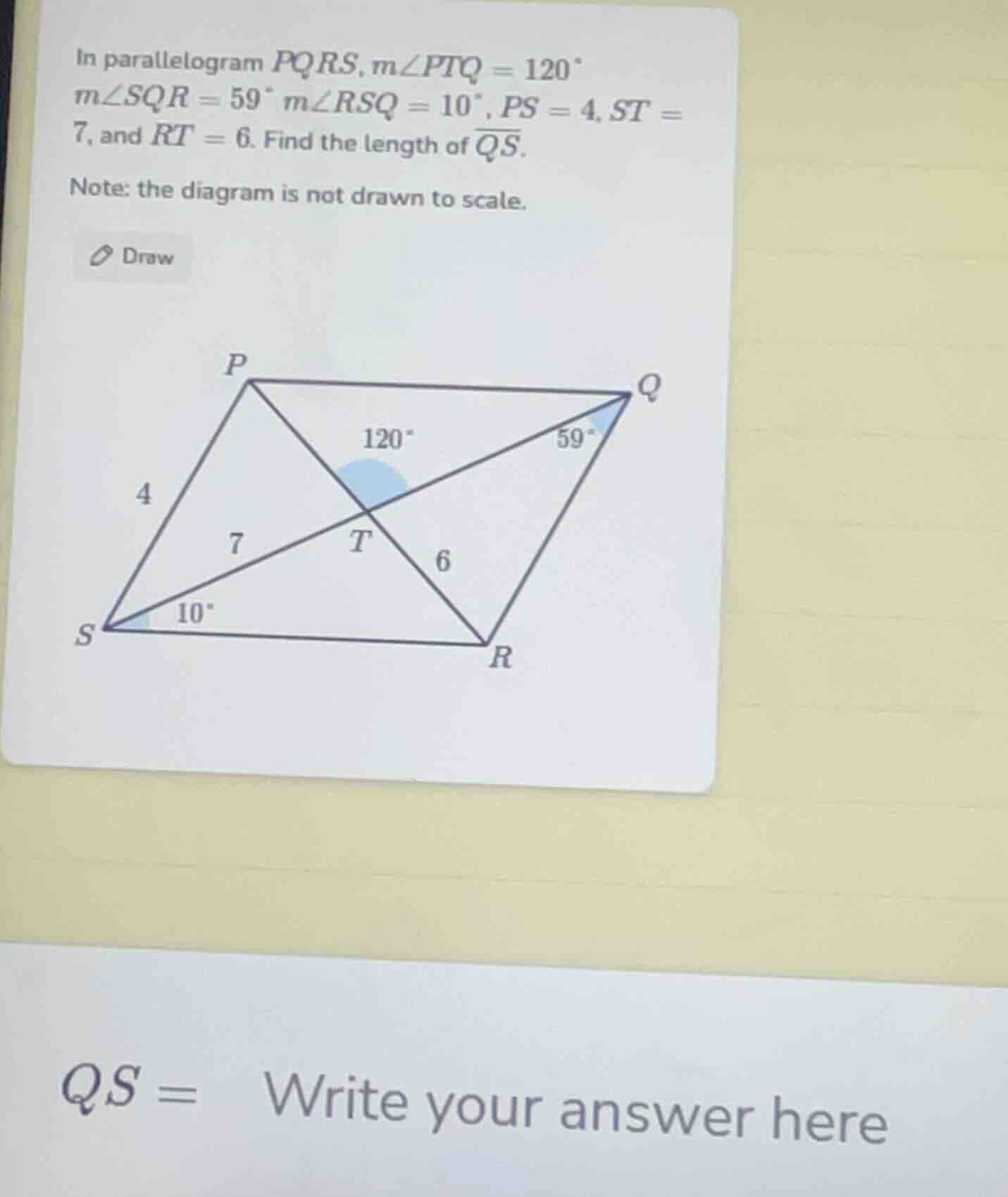 in parallelogram pqrs, ( mangle ptq = 120^circ )( mangle sqr = 59^circ …