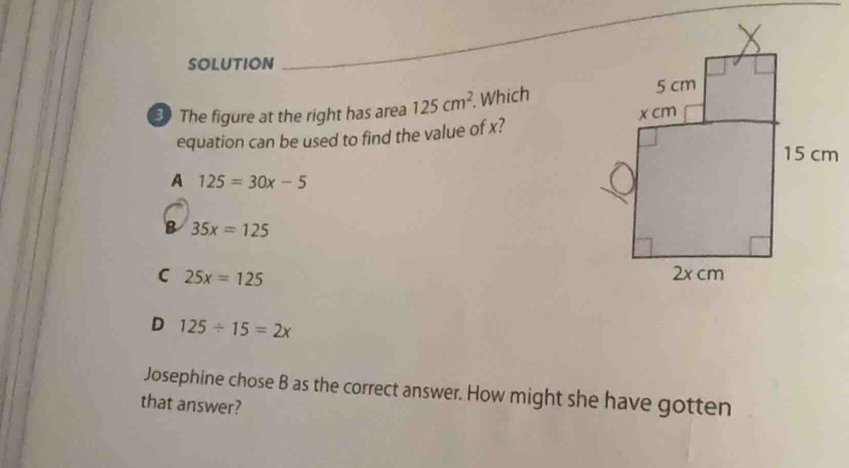 solution 3 the figure at the right has area 125 cm². which equation can…