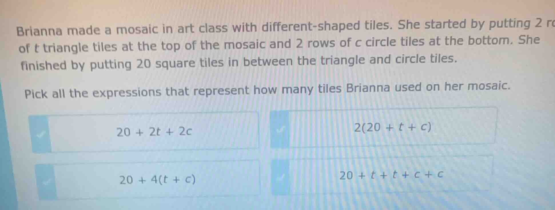 brianna made a mosaic in art class with different - shaped tiles. she s…