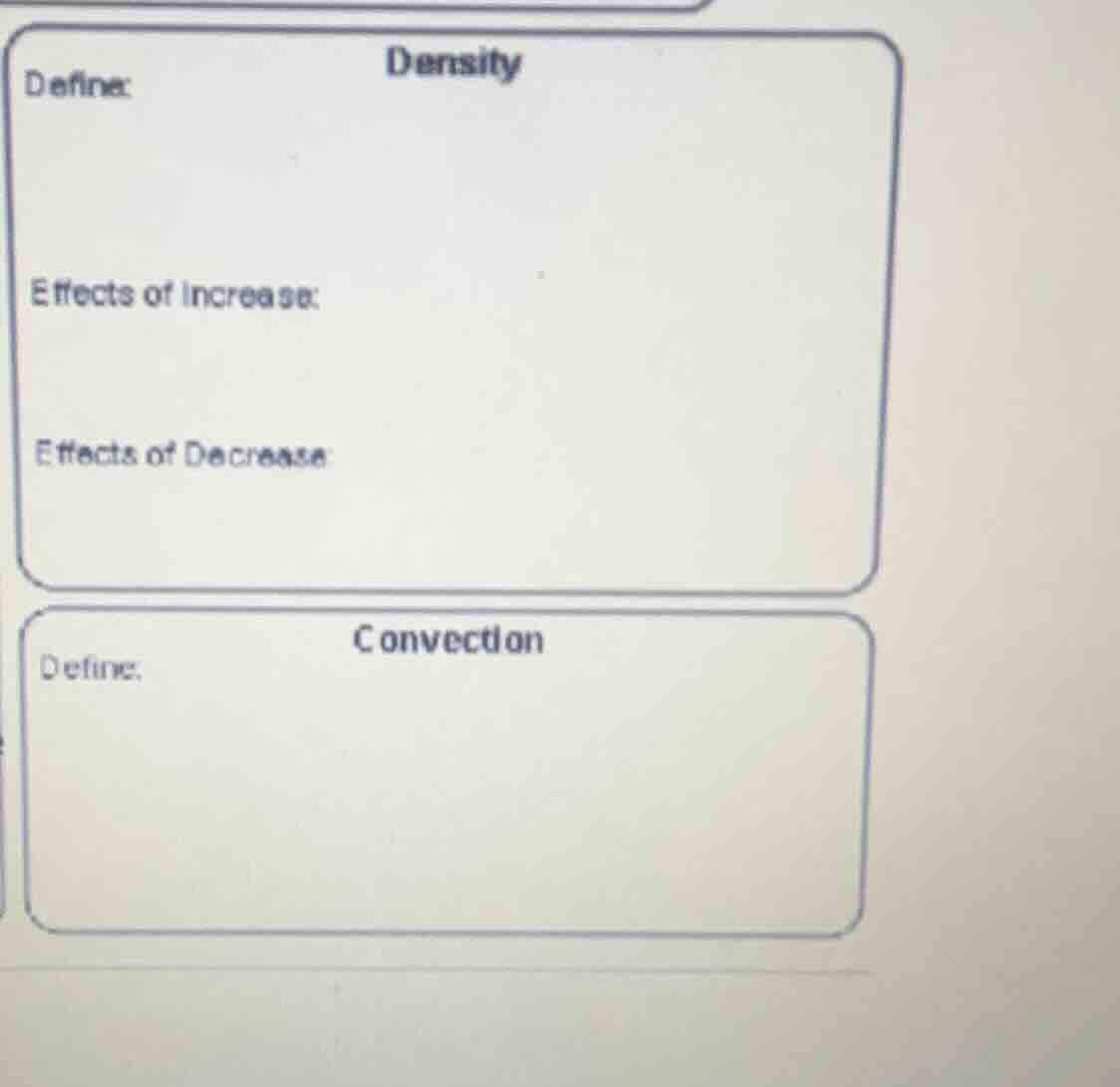 define: density effects of increase: effects of decrease define: convec…