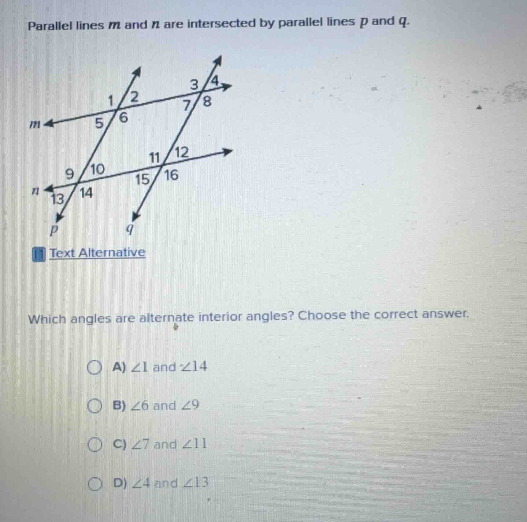 parallel lines m and n are intersected by parallel lines p and q. which…