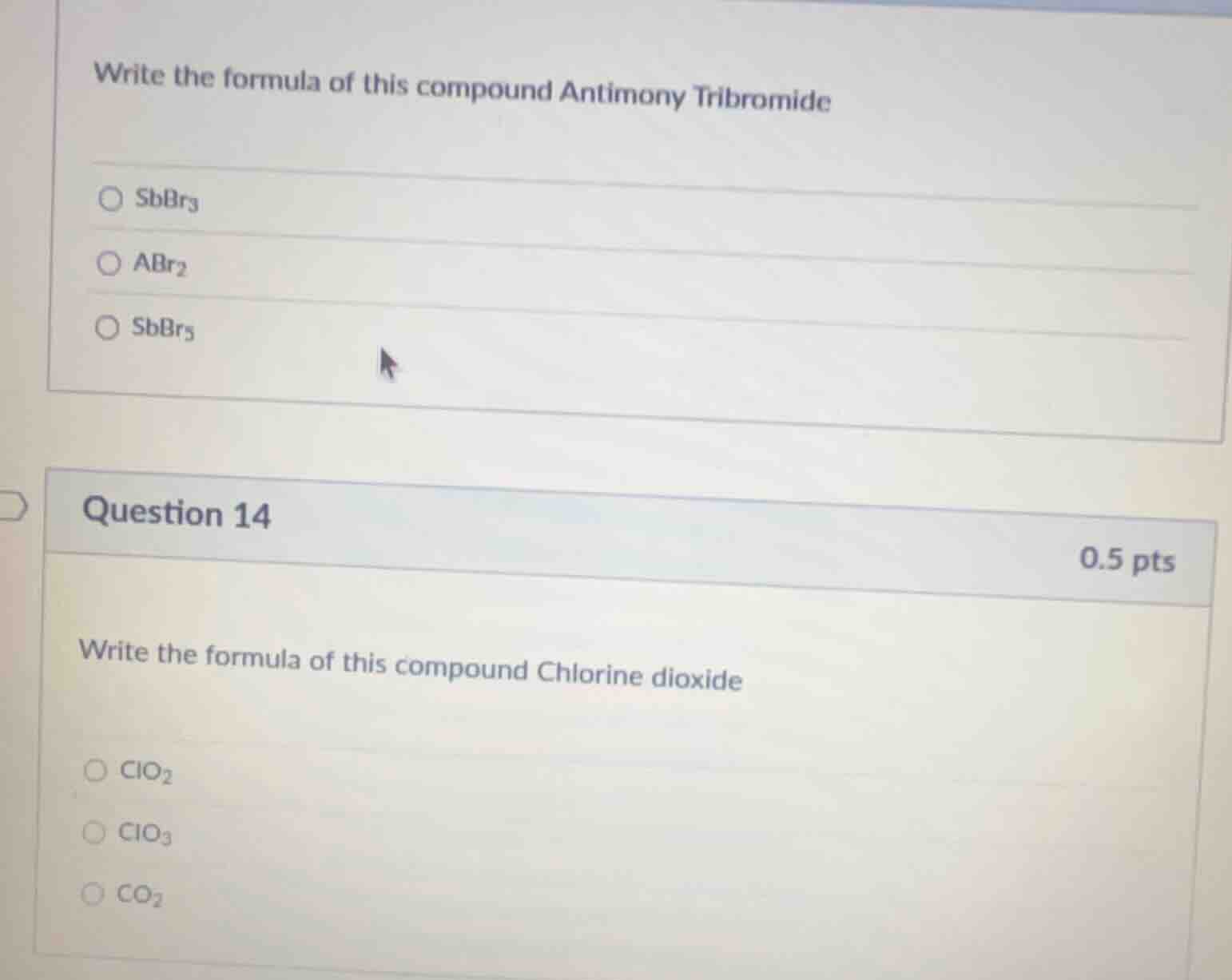 write the formula of this compound antimony tribromide ○ sbbr₃ ○ abr₂ ○…