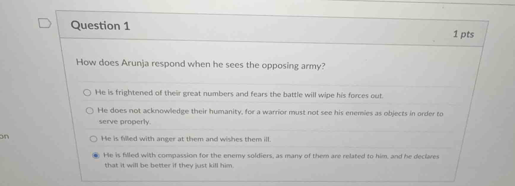 question 1 1 pts how does arunja respond when he sees the opposing army…