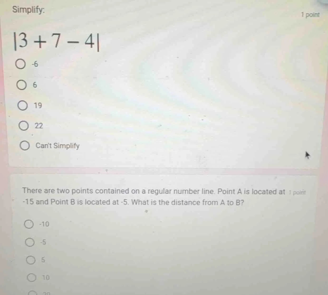 simplify: |3 + 7 - 4| -6 6 19 22 cant simplify there are two points con…