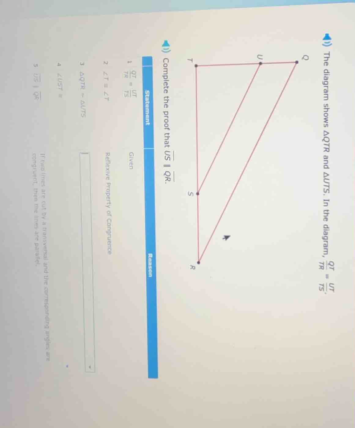 the diagram shows $\\triangle qtr$ and $\\triangle uts$. in the diagram…