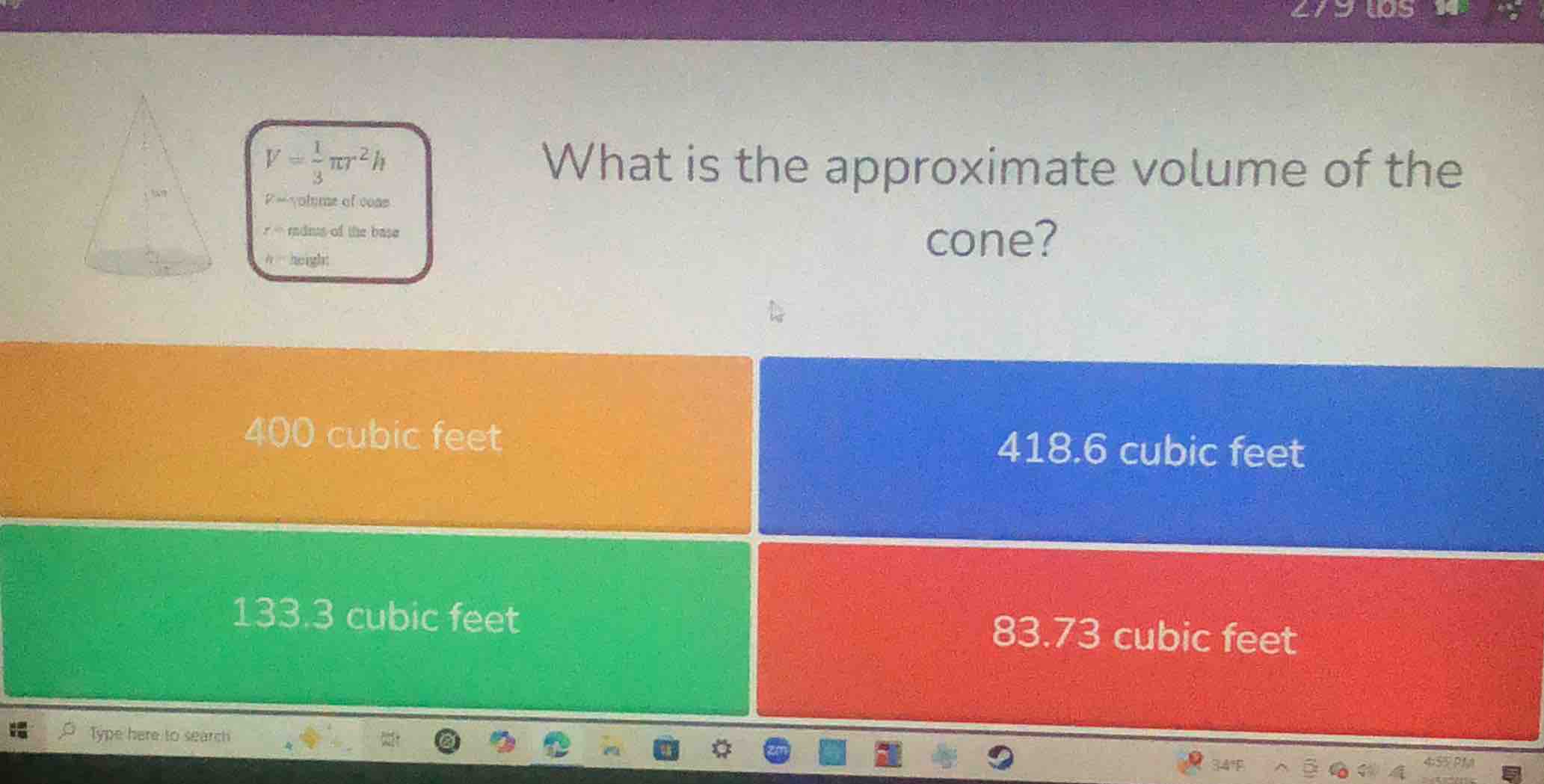 v = \\frac{1}{3}\\pi r^2 h\ v = volume of cone\ r = radius of the base\…