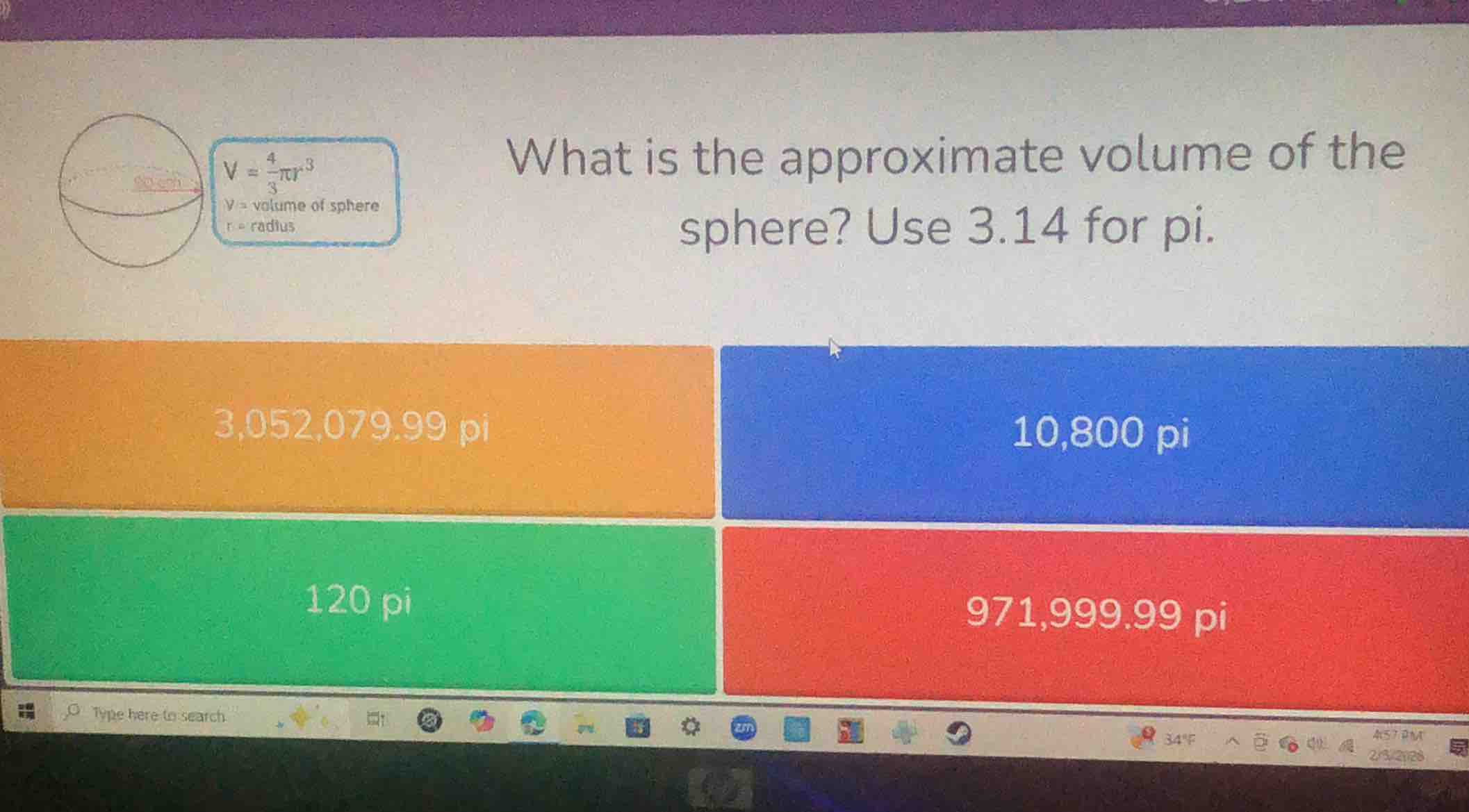 v = \\frac{4}{3}\\pi r^3\ v = volume of sphere\ r = radius\ what is the…