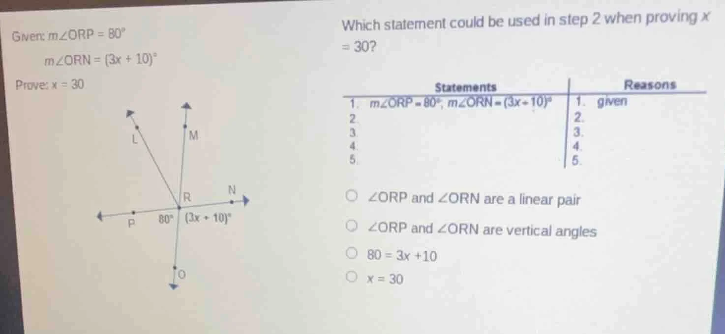 given: ( mangle orp = 80^circ ) ( mangle orn = (3x + 10)^circ ) prove: …