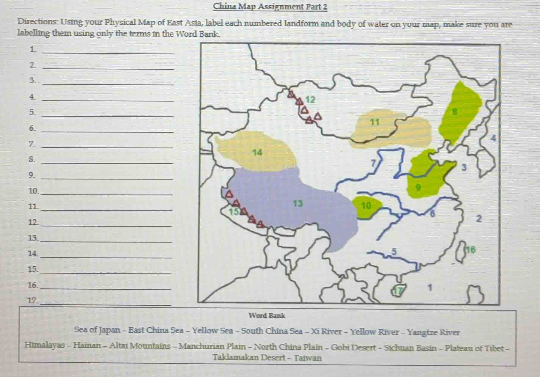 china map assignment part 2 directions: using your physical map of east…