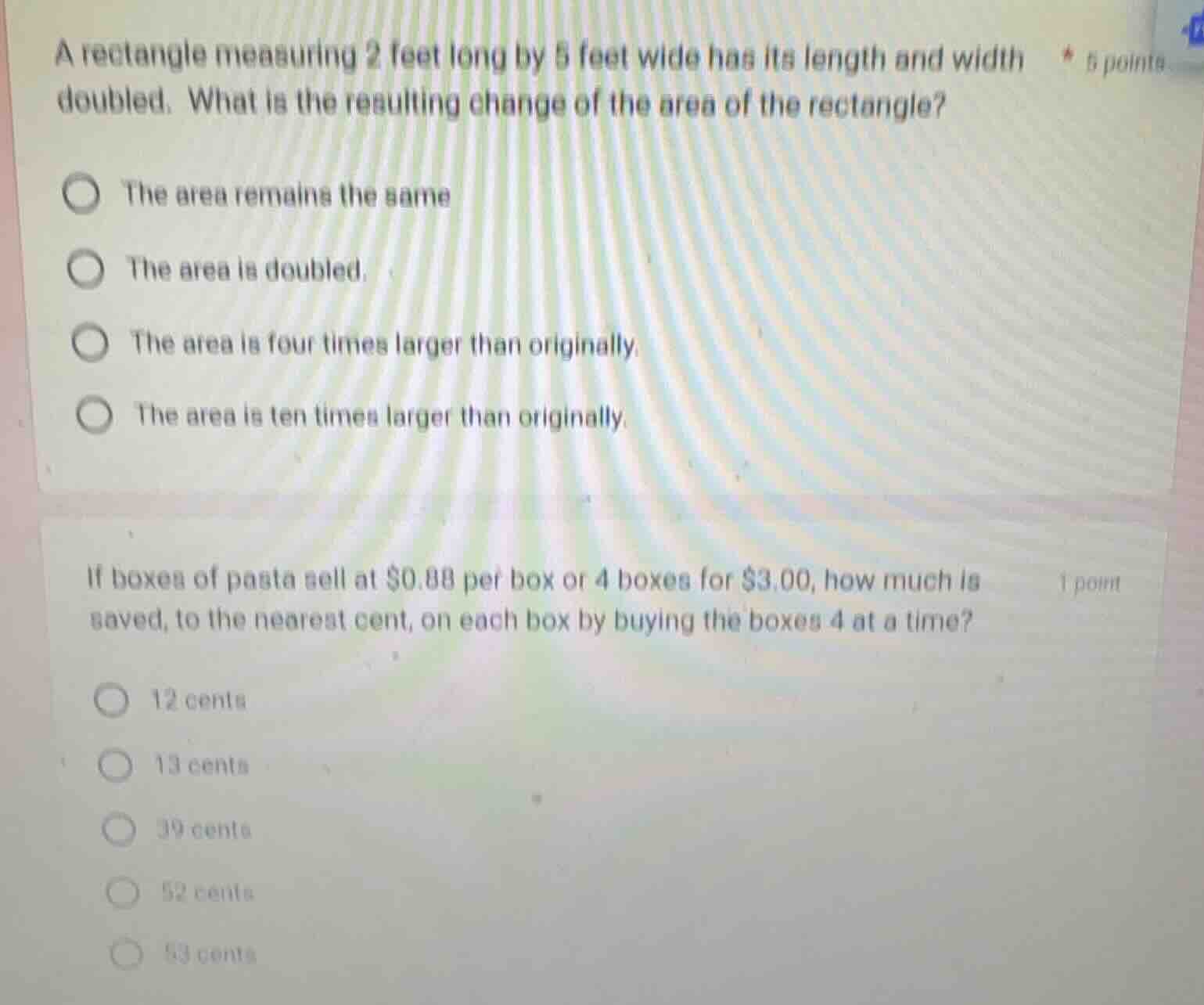 a rectangle measuring 2 feet long by 5 feet wide has its length and wid…