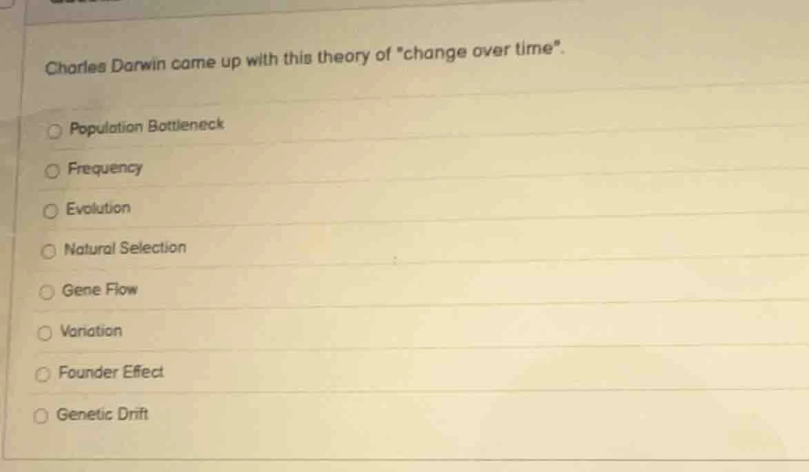 charles darwin came up with this theory of \change over time\. populati…