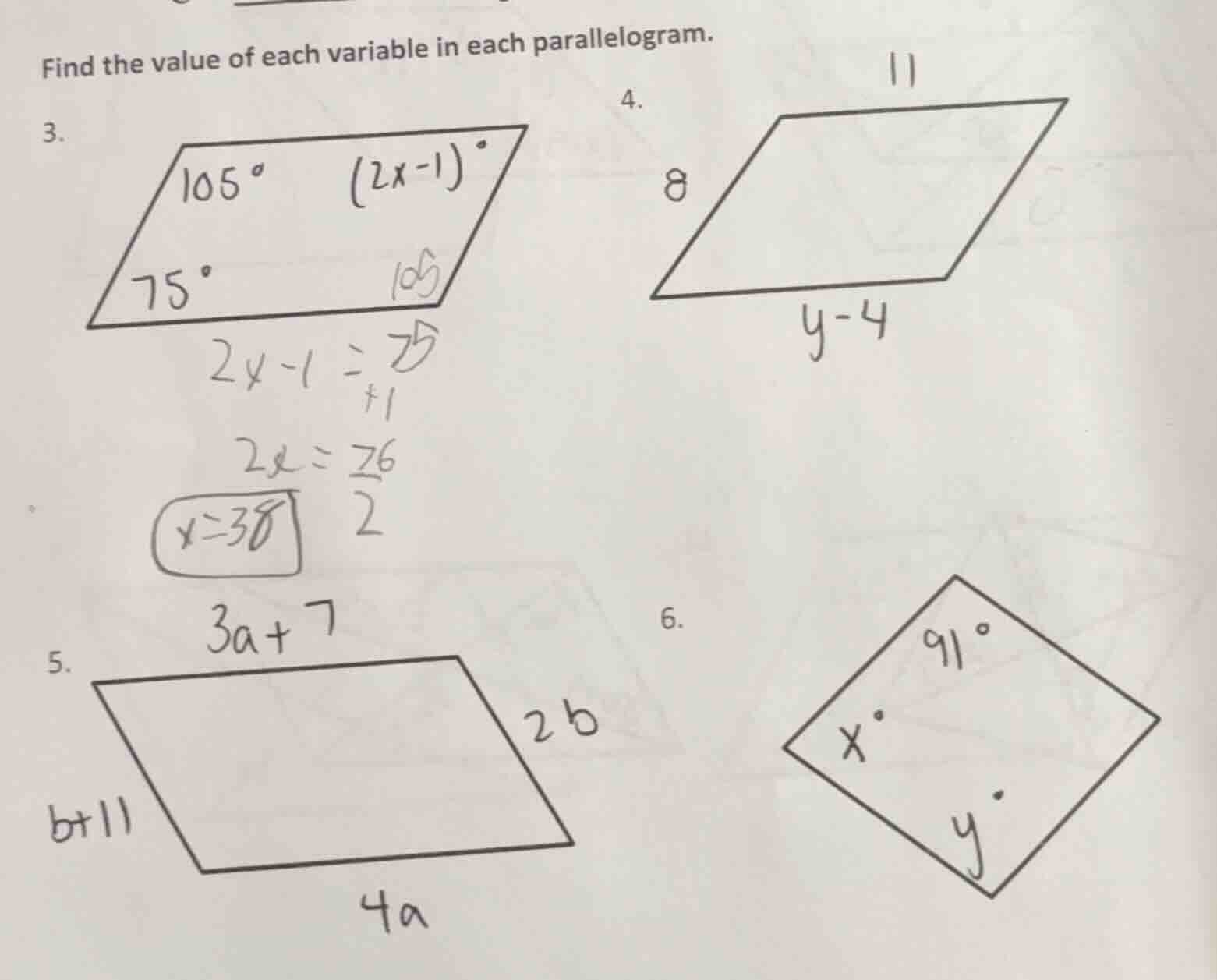 find the value of each variable in each parallelogram. 3. 4. 5. 6.