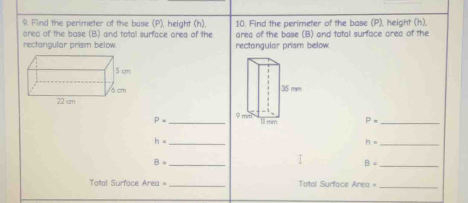 9. find the perimeter of the base (p), height (h), area of the base (b)…