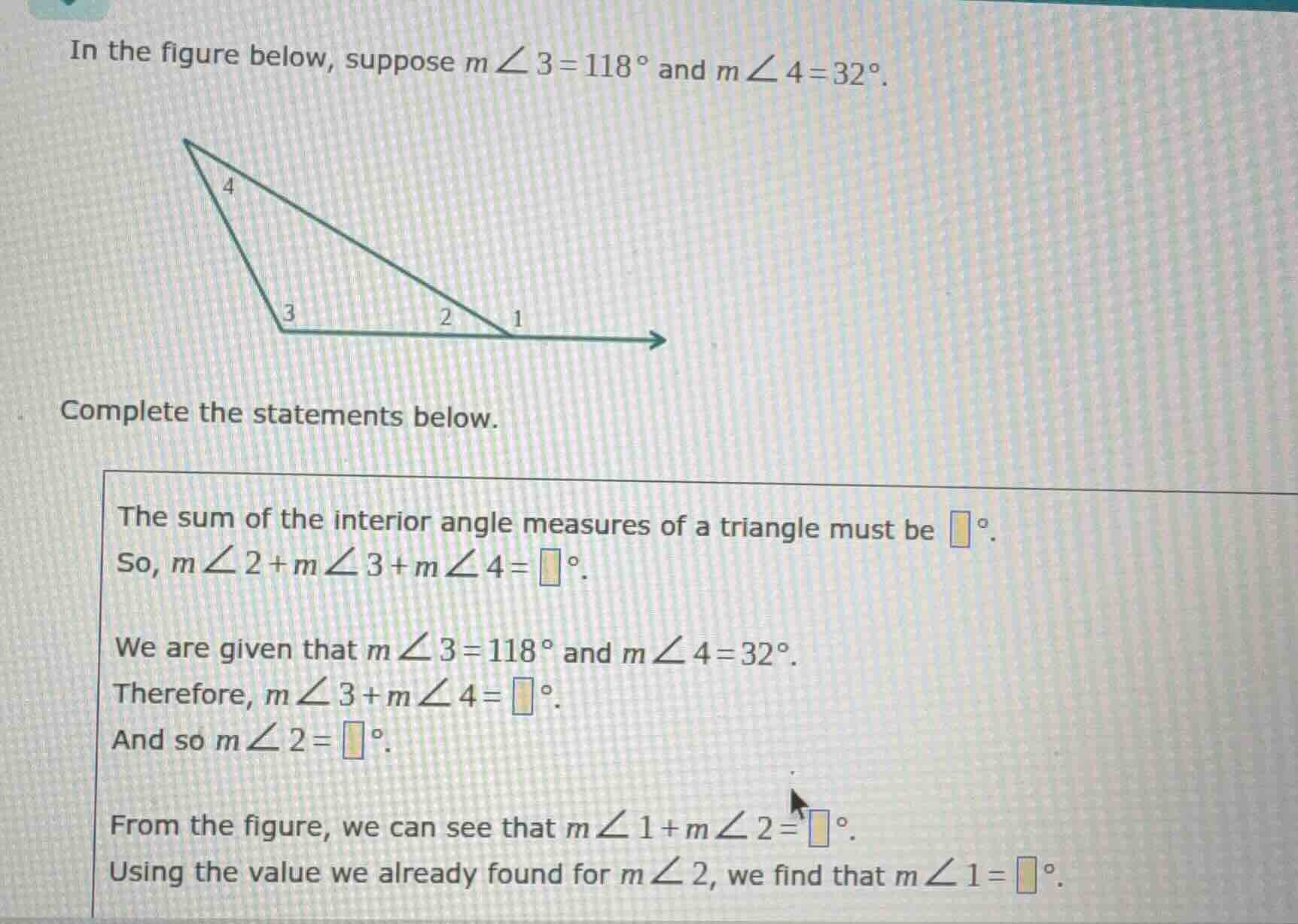 in the figure below, suppose ( mangle 3 = 118^circ ) and ( mangle 4 = 3…