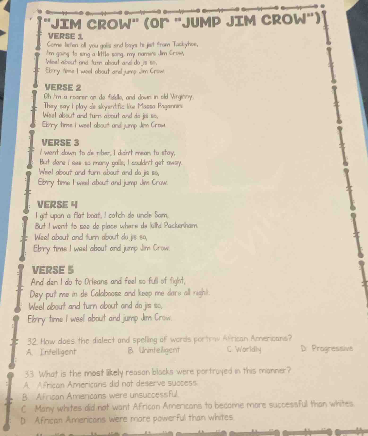 \jim crow\ (or \jump jim crow\) verse 1 come listen all you galls and b…