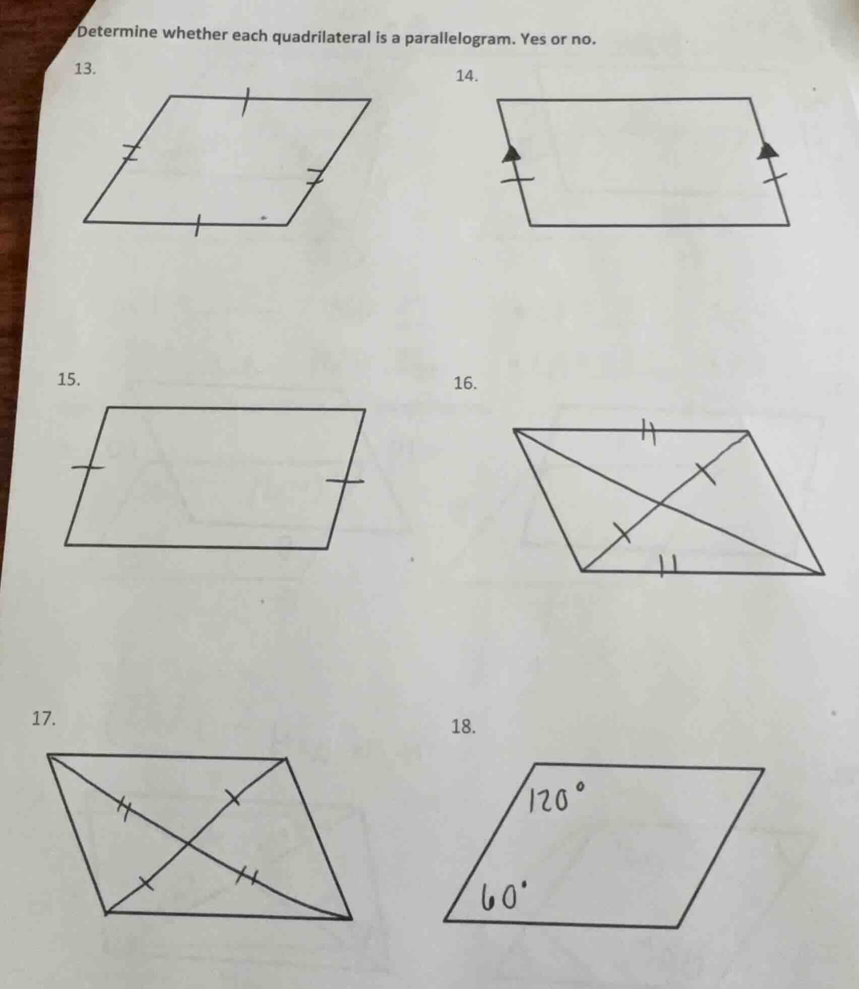 determine whether each quadrilateral is a parallelogram. yes or no. 13.…