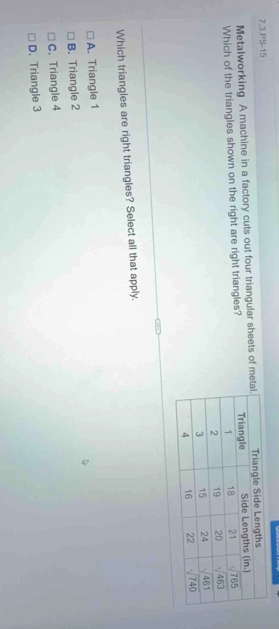 7.3.ps-15 metalworking a machine in a factory cuts out four triangular …