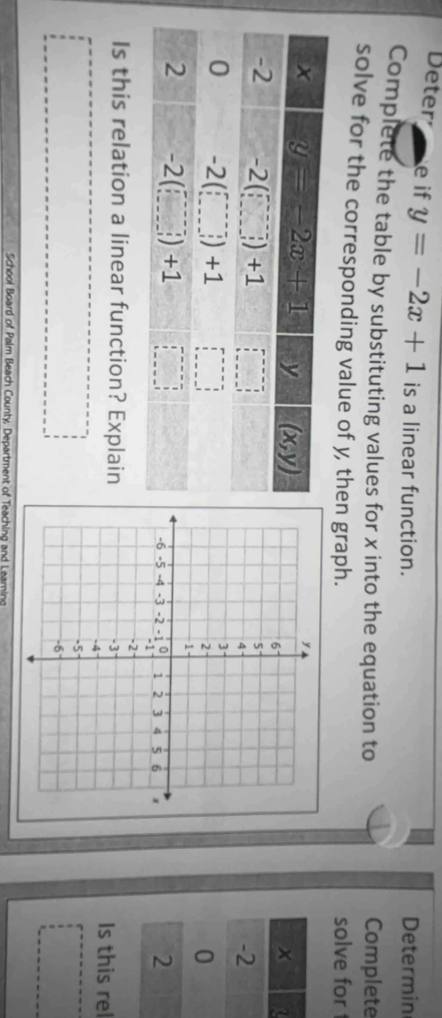 determine if $y = -2x + 1$ is a linear function. complete the table by …