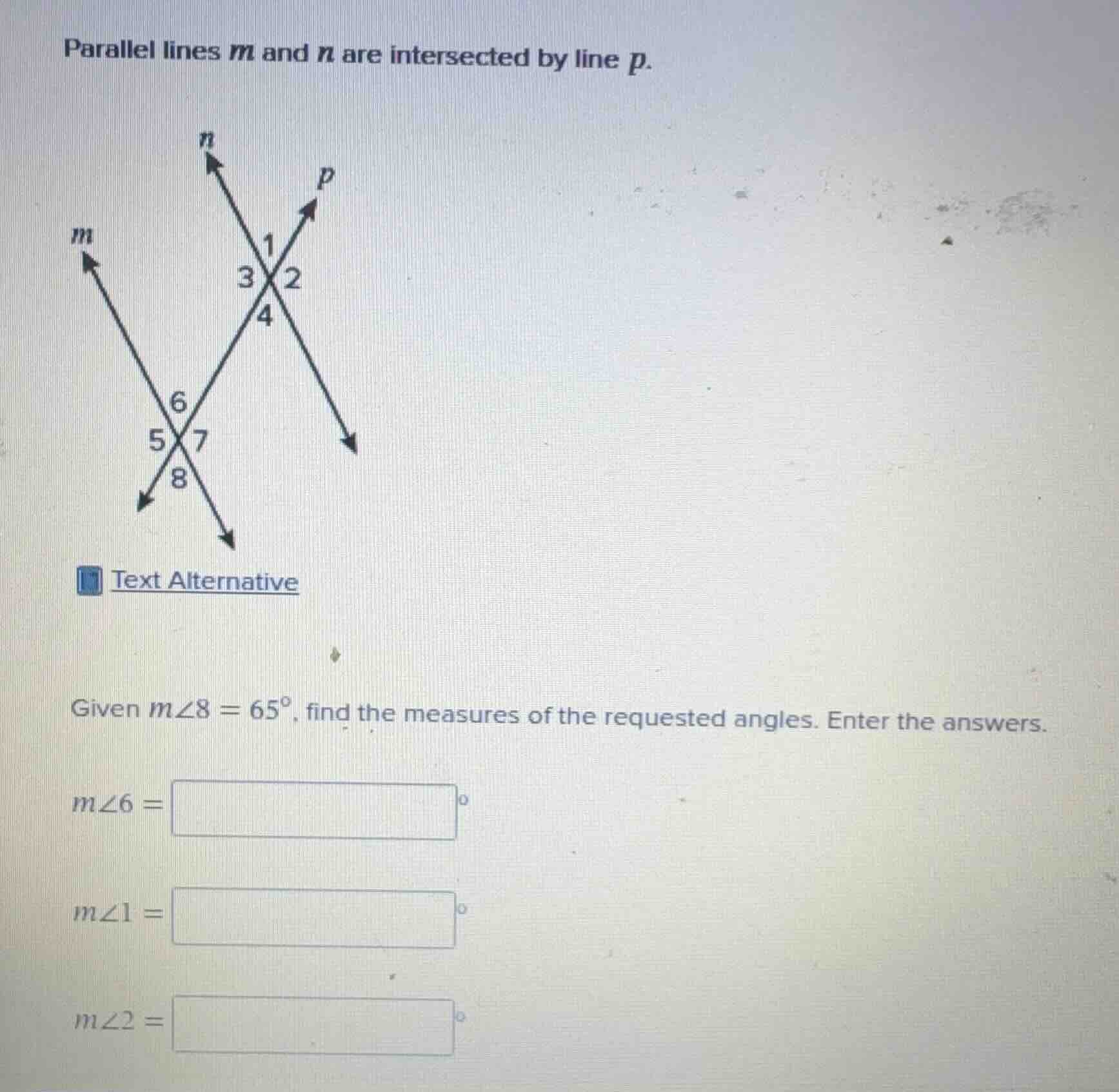 parallel lines m and n are intersected by line p. given ( mangle8 = 65^…