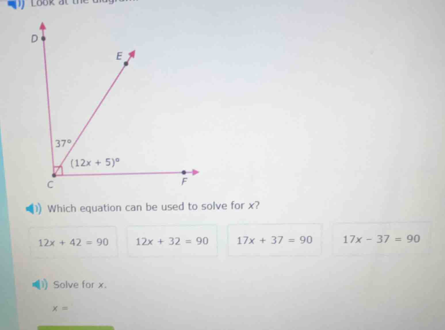 look at the diagram which equation can be used to solve for x? $12x + 4…