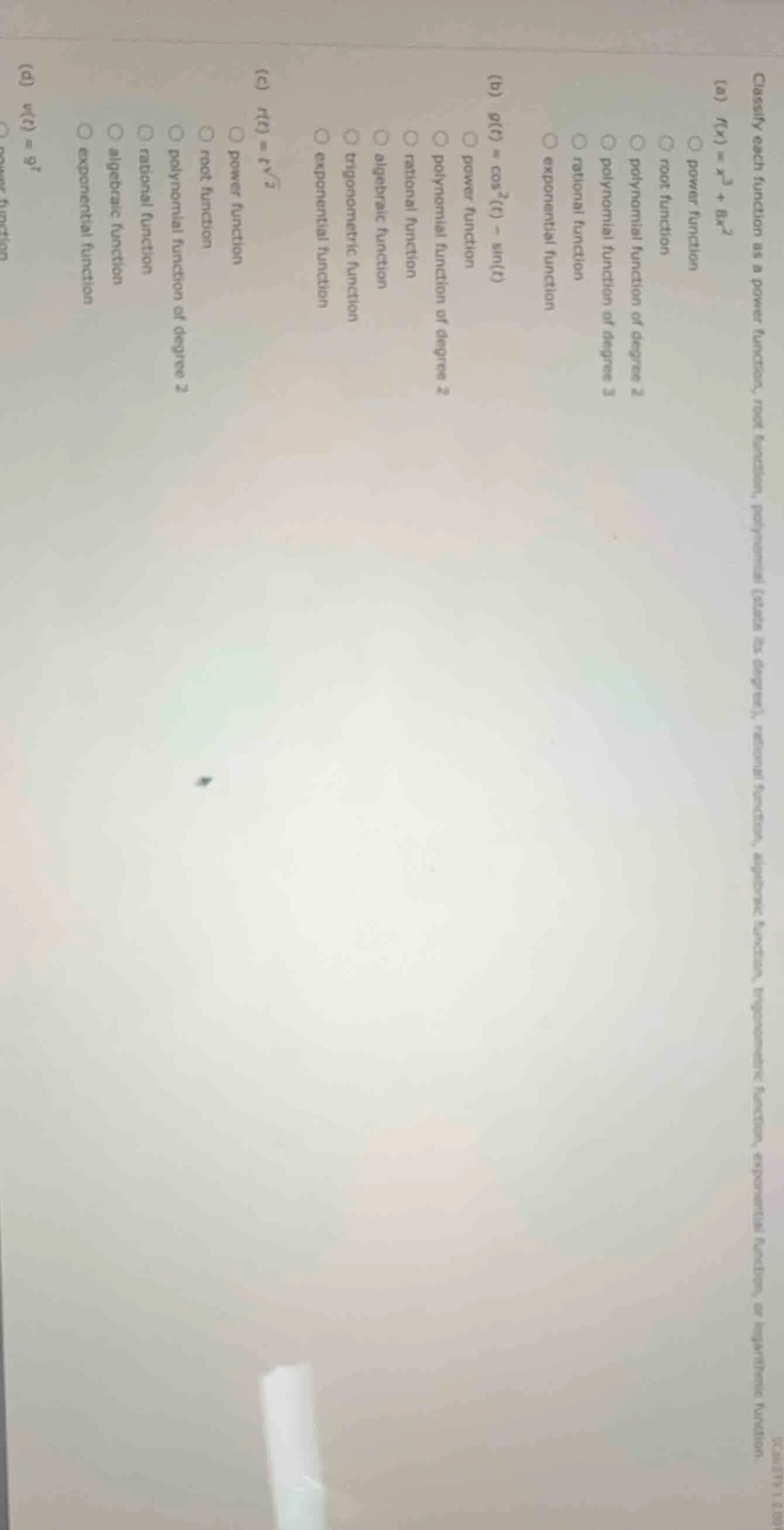 classify each function as a power function, root function, polynomial (…