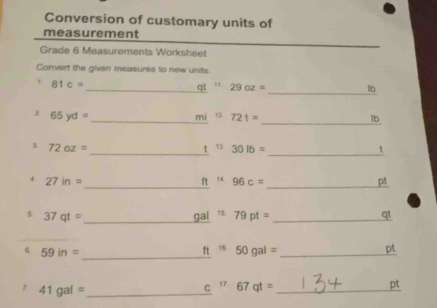 conversion of customary units of measurement grade 6 measurements works…
