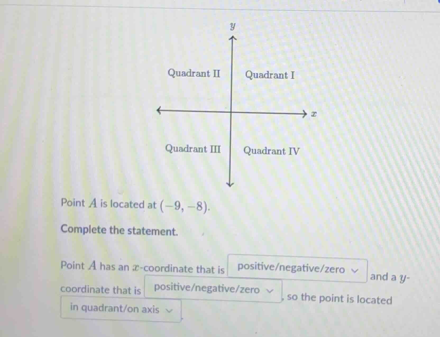 point a is located at (-9, -8). complete the statement. point a has an …