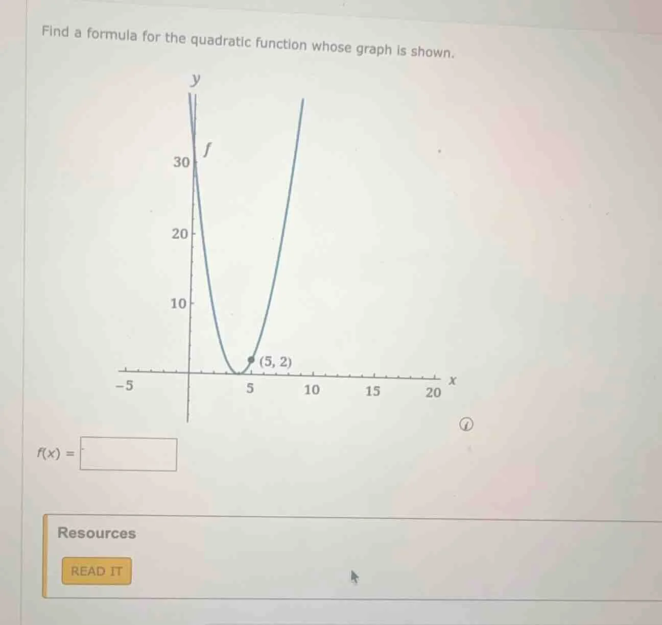 find a formula for the quadratic function whose graph is shown. f(x) = …