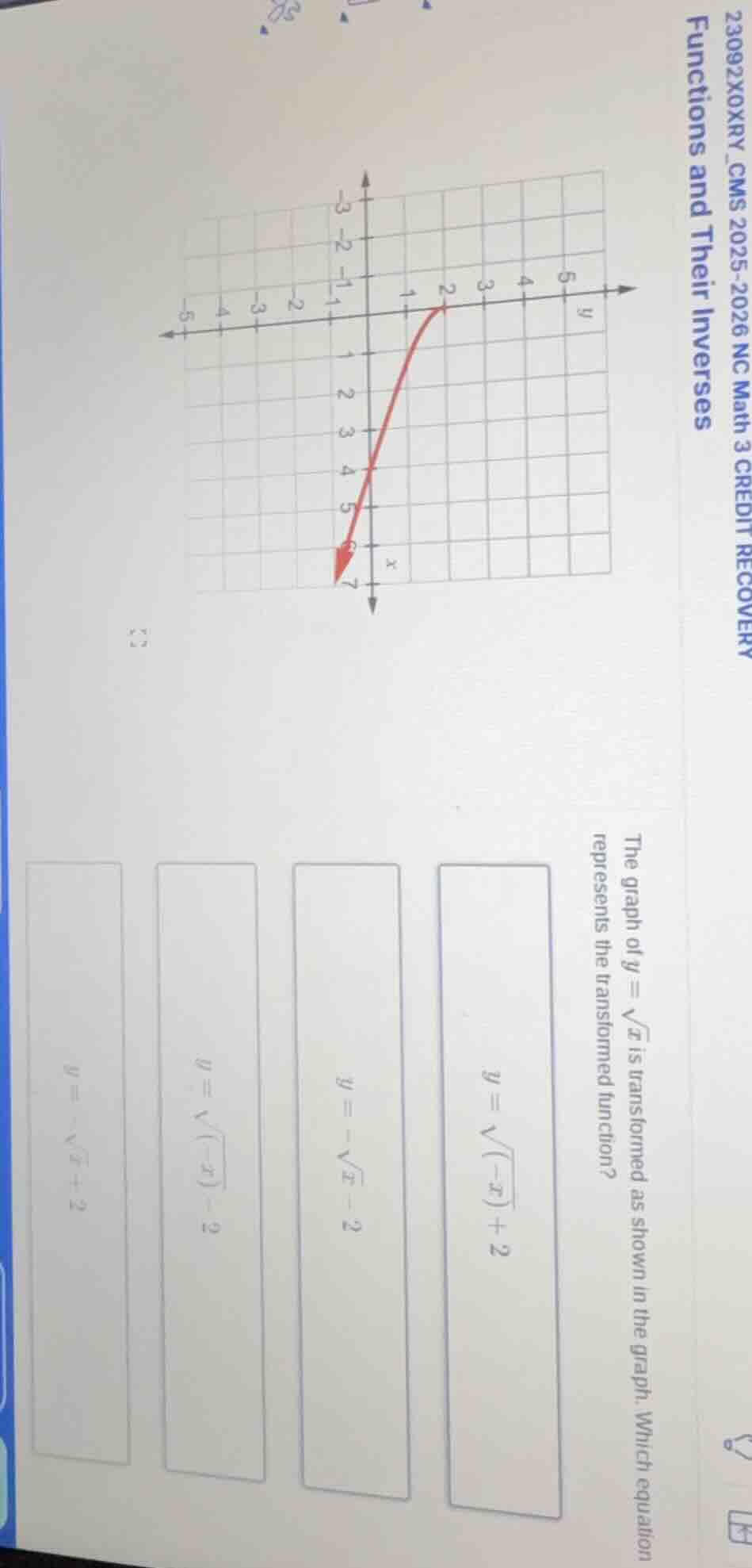 the graph of ( y = sqrt{x} ) is transformed as shown in the graph. whic…