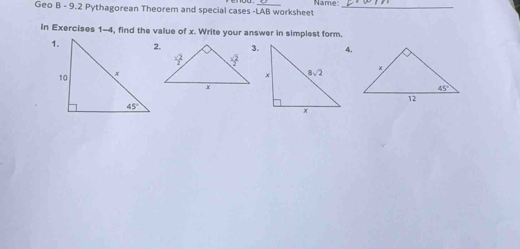 geo b - 9.2 pythagorean theorem and special cases -lab worksheet in exe…