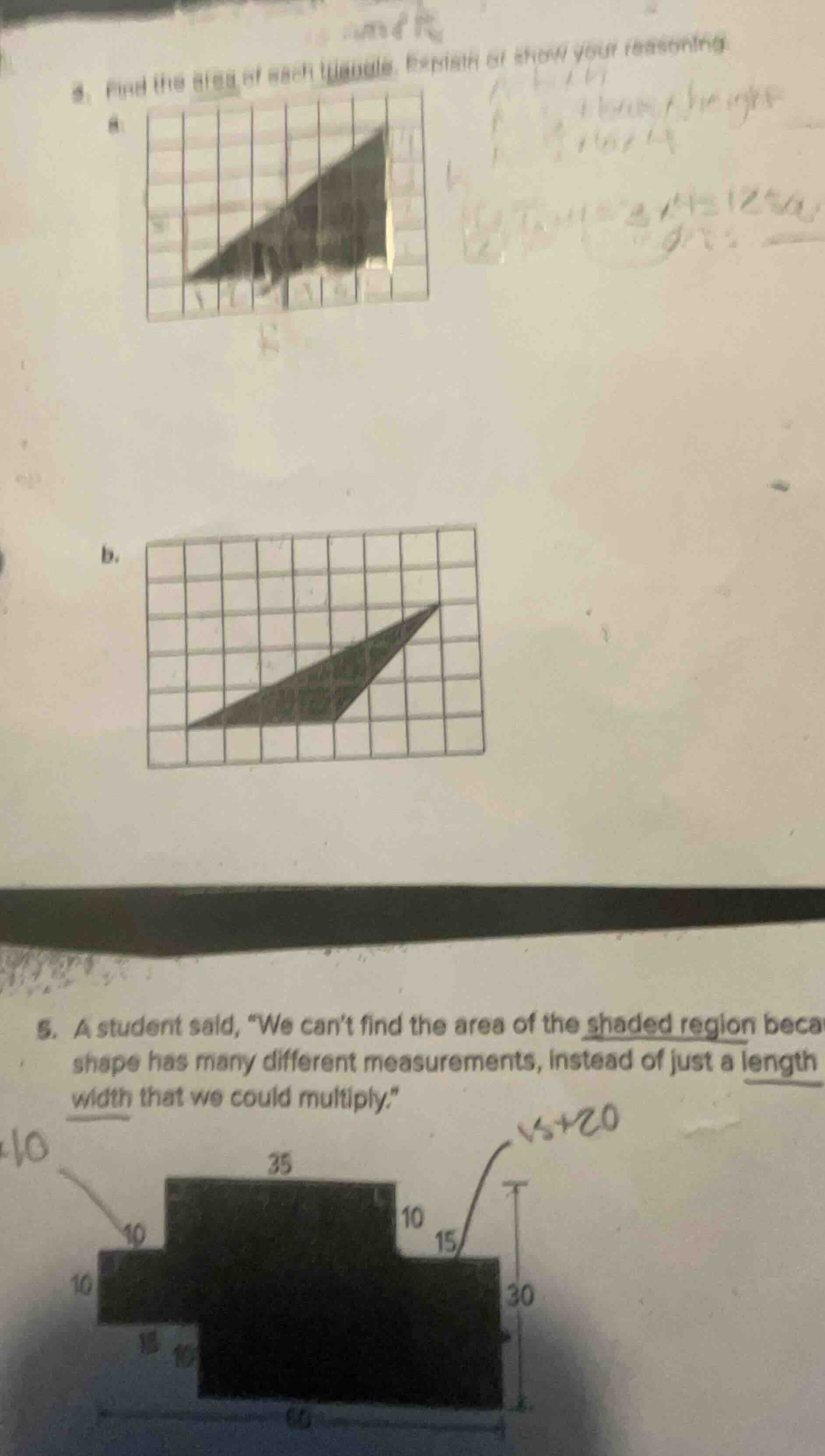 4. find the area of each triangle. explain or show your reasoning. a. b…