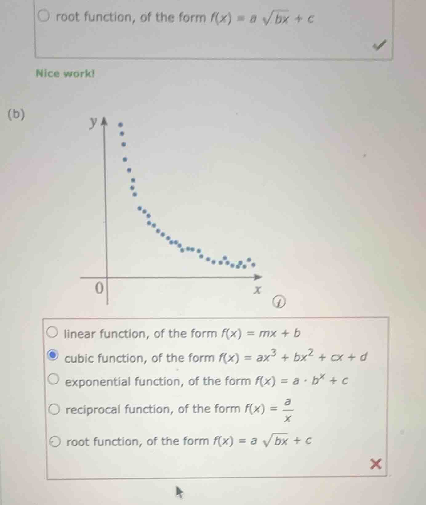(b) nice work! linear function, of the form f(x) = mx + b cubic functio…