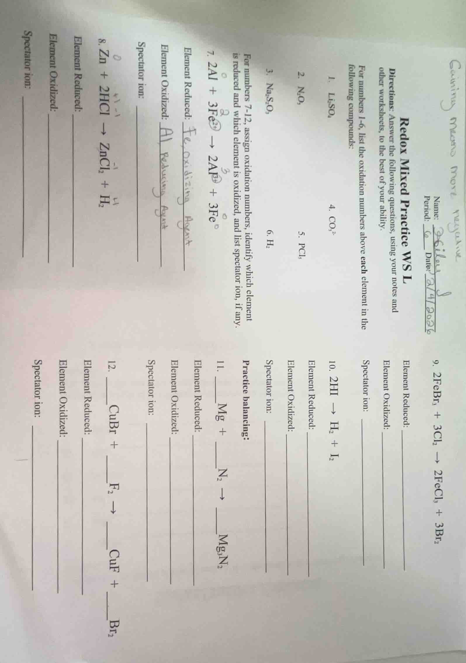 redox mixed practice ws l directions: answer the following questions, u…